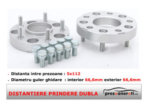 Distantiere roti 5X112 66,6 15mm prindere dubla silver , ideale pentru lărgirea ecartamentului, îmbunătățirea stabilității și un aspect sportiv al mașinii, compatibile cu modele VW, Audi și Mercedes.