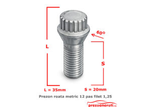 Prezon roată M12x1.25, 20 mm I cap scurt – pentru distanțiere