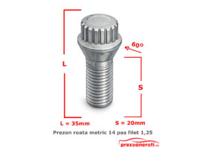 prezon roată M14x1.5 conic cap scurt 20 mm pentru distanțiere